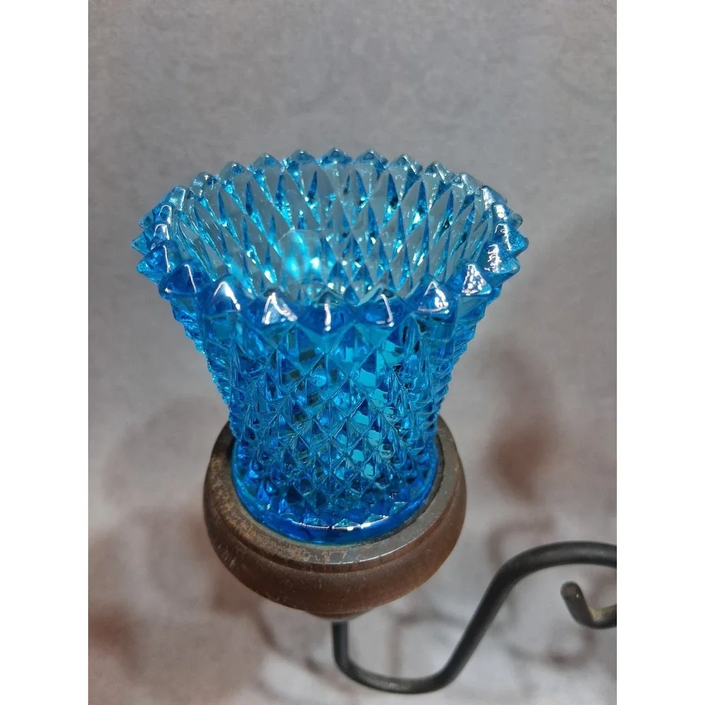 VTG Homco 5 Arm Metal Wood Candelabra With Teal Glass Votive Cups